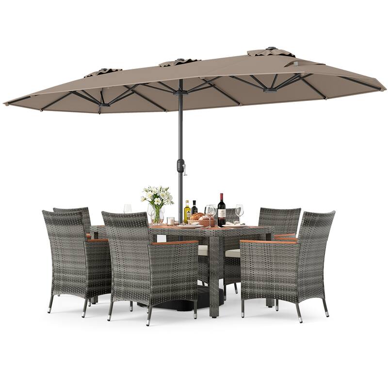 Gymax 8-Piece Patio Dining Set w/ Double-Sided Market Umbrella Acacia