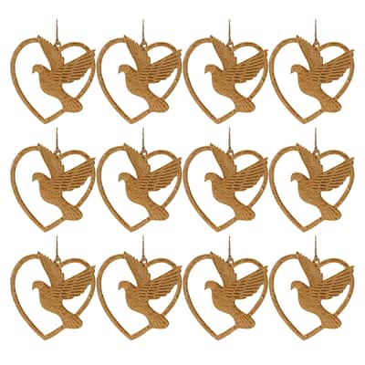Set of 12 Heart and Dove Ornaments Aluminum for Holiday Decor - 4.25" x 0.5" x 4.75"