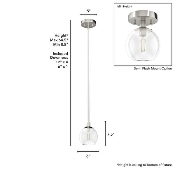 dimension image slide 4 of 12, Hunter Xidane 1 Light Clear Glass Pendant or Semi-Flush Light - Kitchen Island, Dining Room, Entry - Glam, Contemporary