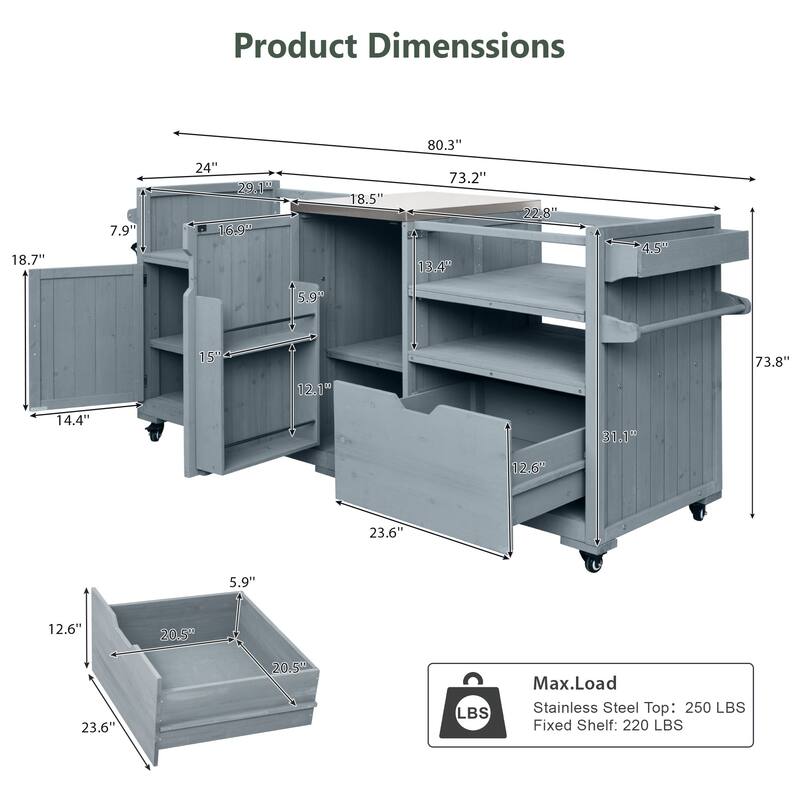 80.5" Solid Wood Outdoor Kitchen Island with Stainless Steel Top, Grill Cart Compatible with Big Green Egg & Blackstone