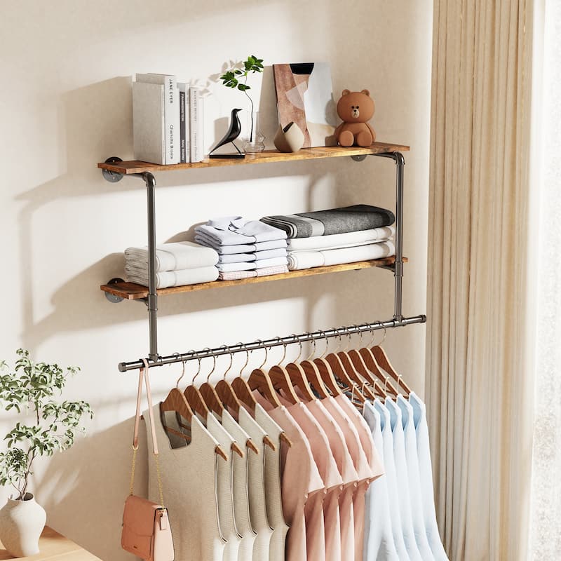 2 Tier Clothes Display Rack Pipe w/Wood Shelves for Garment Storage