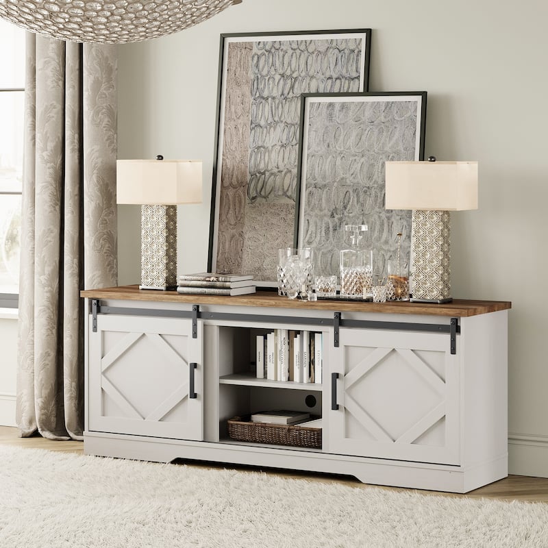 Farmhouse TV Stand Modern Sliding Barn Door Entertainment Center - Antique White - 66.1"