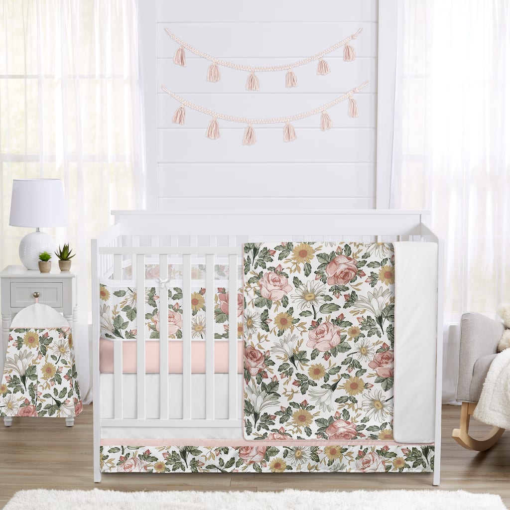 Vintage Floral Boho Girl Sweet Jojo Designs 6p Crib Bedding + BreathableBaby Breathable Mesh Liner Bohemian Pink