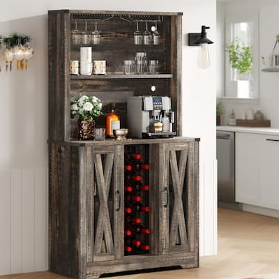 Moasis Farmhouse Bar Cabinet w/ Wine Rack & LED Lights, Sideboard Buffet Storage Cabinet for Dinning Room