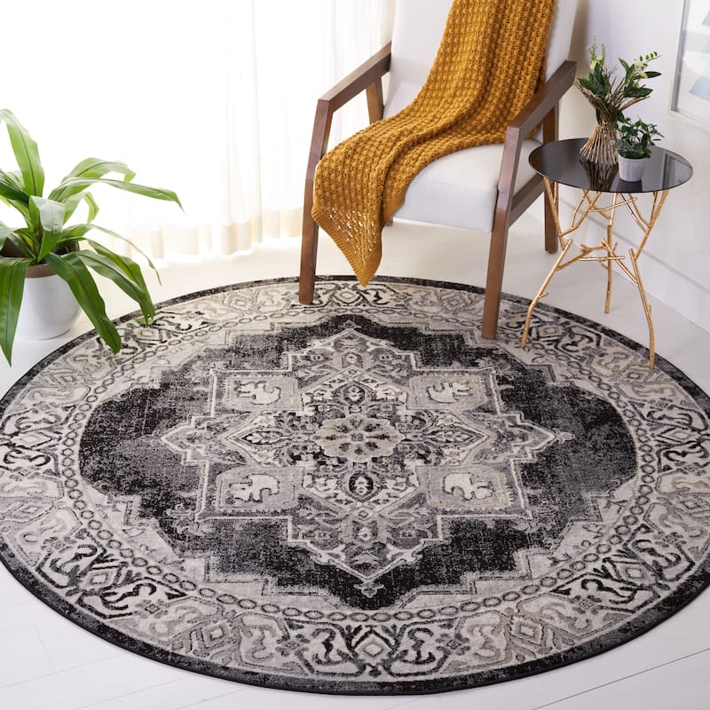 SAFAVIEH Brentwood Sirpa Traditional Rug - 6'7" Round - Ivory/Black