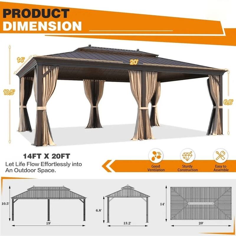 Erommy Pro Series Outdoor Galvanized Steel Roof Gazebo Pergola w/ Aluminum Frame & Vertical Rain Cutter