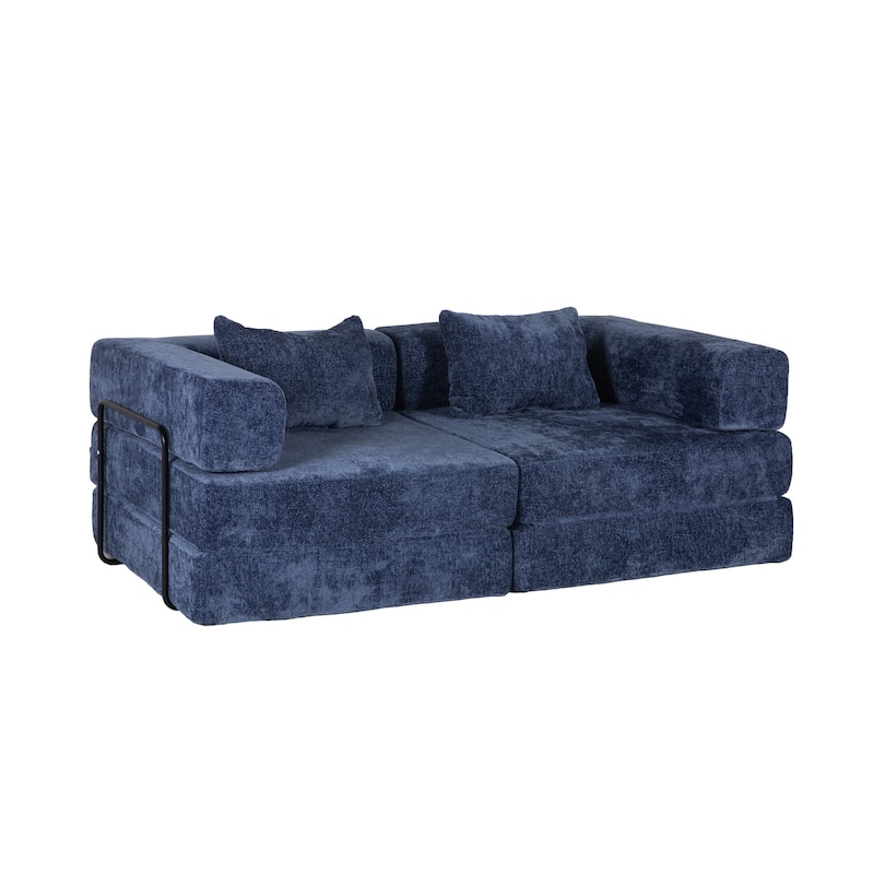 Chenille Loveseat Couch Boneless Modular Sectional Sofa Convertible Floor Sleeper Bed with Fixed-shape Frame for Living Room