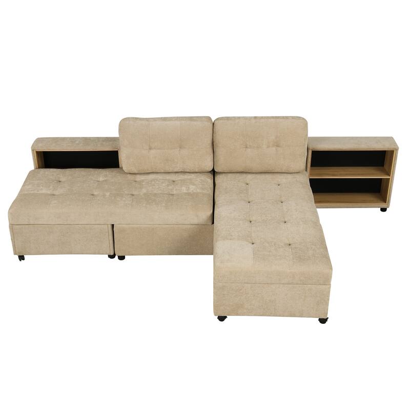 121.2" Versatile Modular Sofa Bed, Brown, Chenille Upholstery with Two Storage Racks