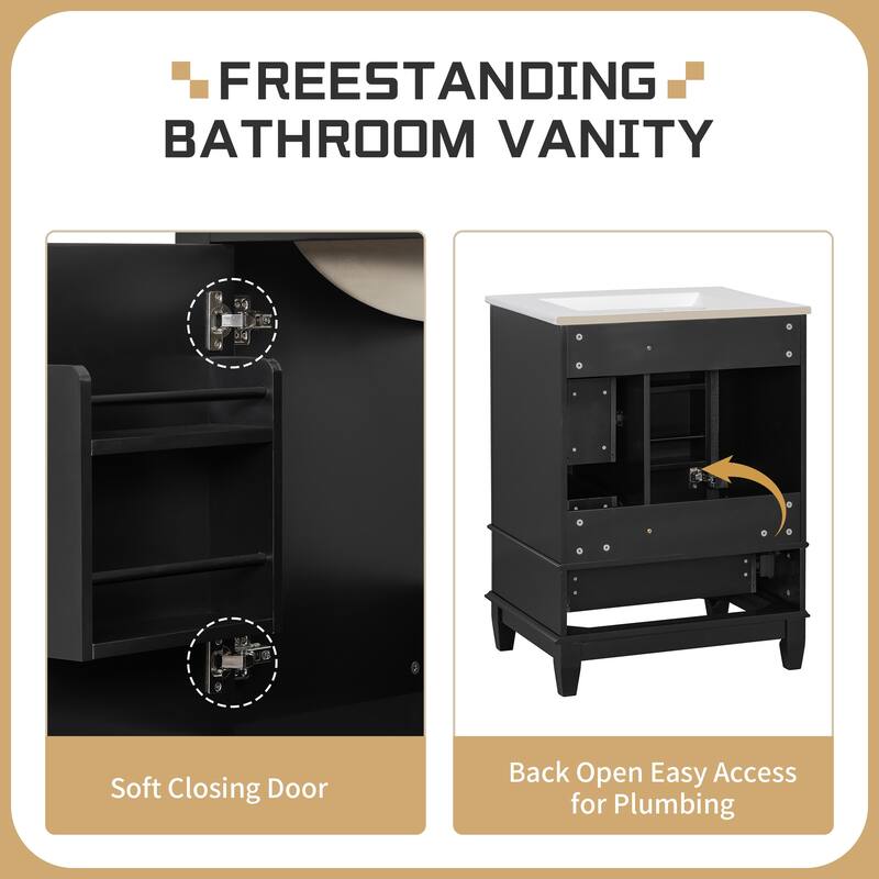 24" Bathroom with Sink and Drawers,Freestanding Cabinet with Ceramic Top and Shelves,MDF and Wood Base,Modern Sink Cabinet