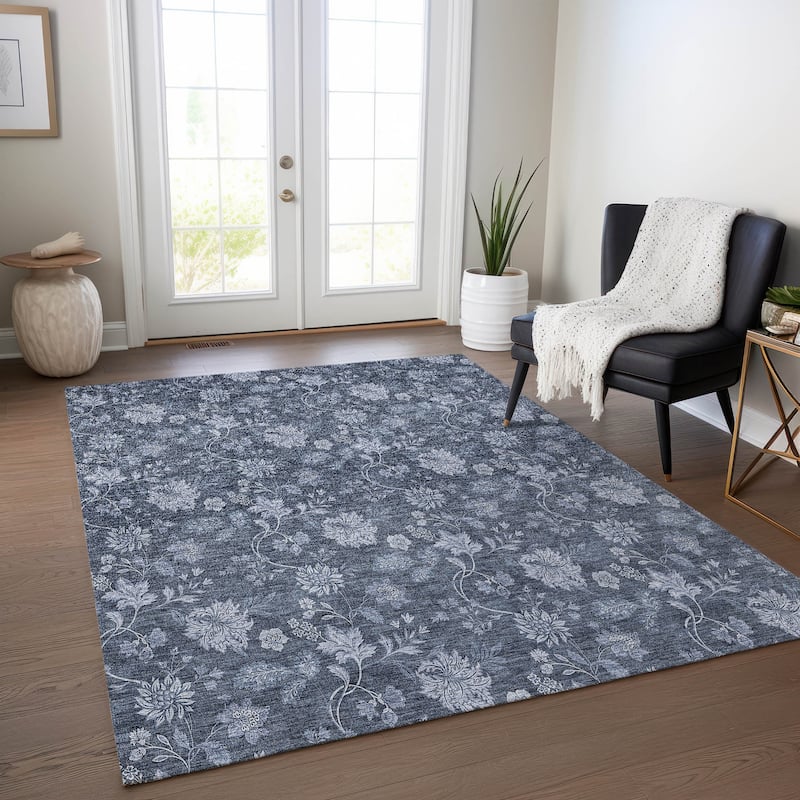 Machine Washable Indoor/ Outdoor Chantille Floral Farmhouse Rug - Blue - 8' x 10'