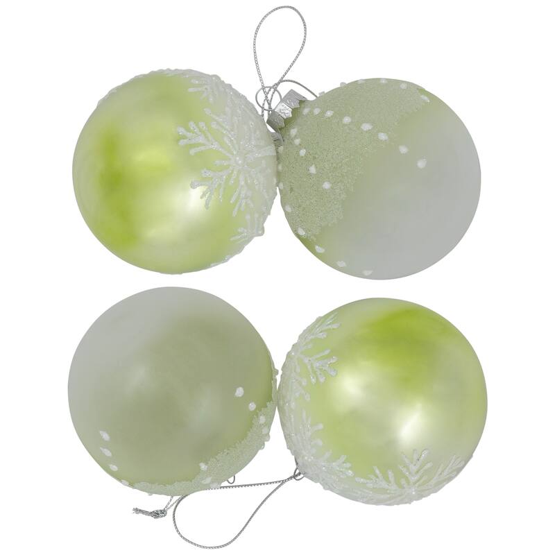 Snowflakes Shiny Glass Ball Christmas Ornaments - 3" (80mm) - Green and White - 4ct