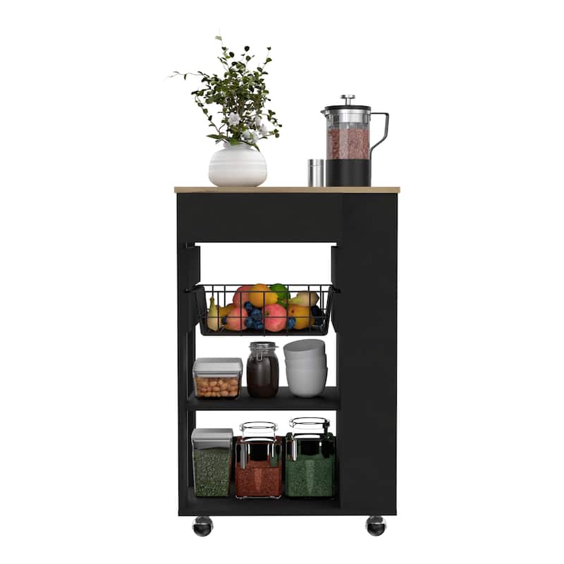Sonex Kitchen Cart with 2 Shelves, Drawer (15.5"W x 4.7"H), Rack, and Locking Casters, Black/Oak