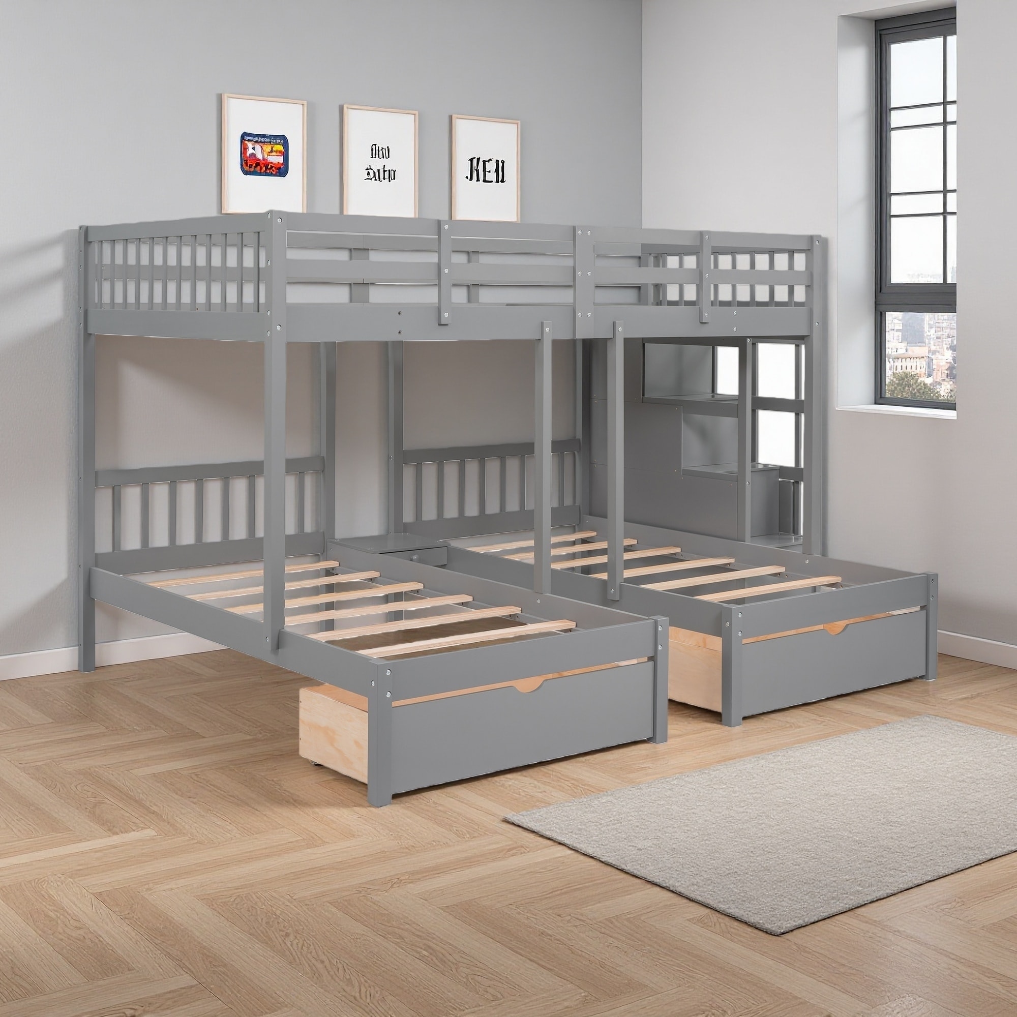 Full over Twin & Twin Wood Triple Bunk Bed with 4 Drawers & Staircase