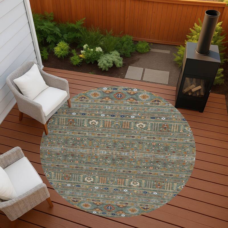 Machine Washable Indoor/ Outdoor Boho Moroccan Chantille Rug - Sage - 8' x 8'