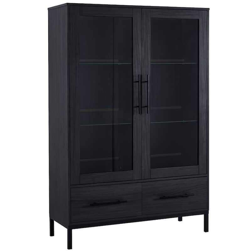 60"Hx39.5"W Lighted Display Cabinet with Glass Doors & LED Lighting Bookshelf Buffet