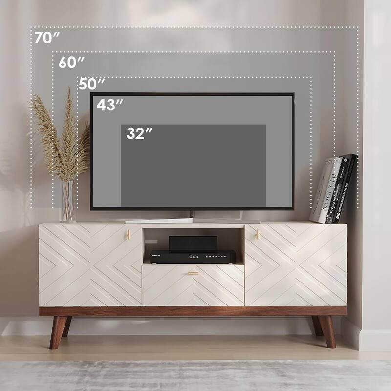 Living Skog Alba Beige TV Stand Console with Drawer Fits TV's up to 65 in. with Wood Legs Mid Century Modern Design