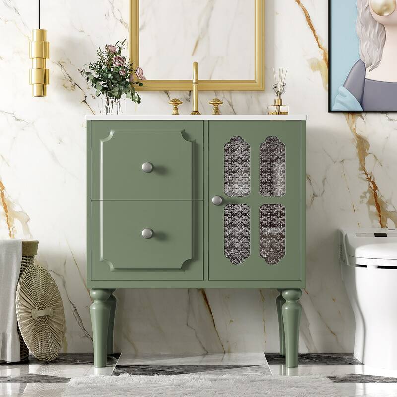 30 Inch Single Sink Freestanding Bathroom Vanity in Green with White Ceramic Top - Painted - Green