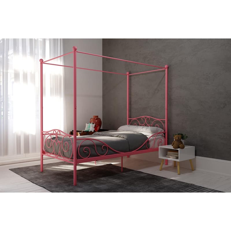 Whimsical Heart-Design Canopy Metal Bed with Slat Support System