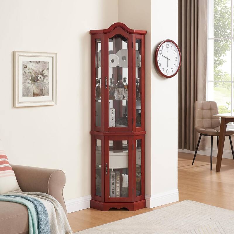 Roomfitters Lighted Glass Display Curio Cabinet with Tempered Glass Doors and Shelves, Crown Corner Cabinet with Bulb, Corner