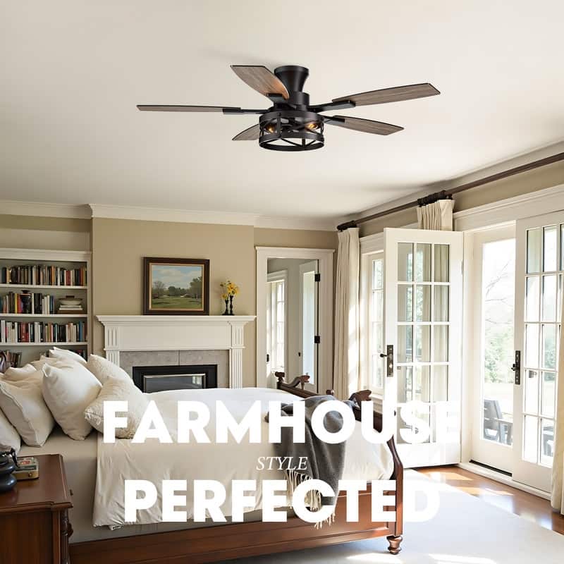 52 Inch Farmhouse Ceiling Fan with Light and Remote Black Industrial Caged Ceiling Fans for Living room - 52 in.