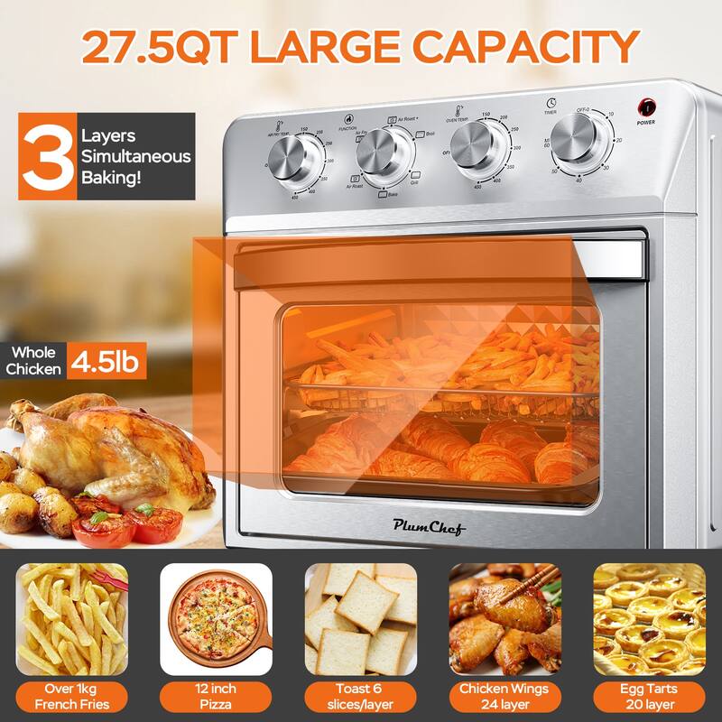 27.5QT Air Fryer Oven, 6-in-1 Countertop Convection Oven with Dehydrate, 1600W, 4 Knob Control