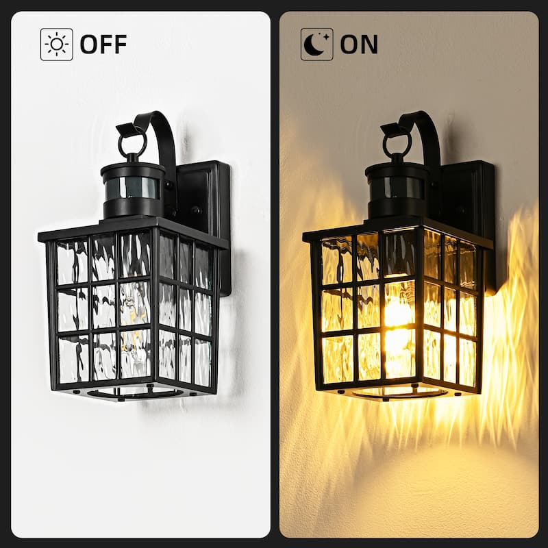 12 in. Matte Black 1-Light Motion Sensing Outdoor Wall Sconce with Dusk to Dawn and Water Wave Glass Shade