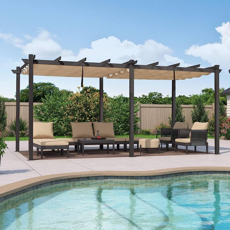 PURPLE LEAF Gazebo Outdoor Retractable Modern Yard Metal Grape Trellis Pergola with Canopy. - 12ft x 18ft - Beige