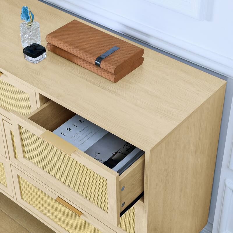 Modern Rattan Dressing Wooden Storage Cabinet with 7 Spacious Drawers, for Bedroom, Living Room and Hallway