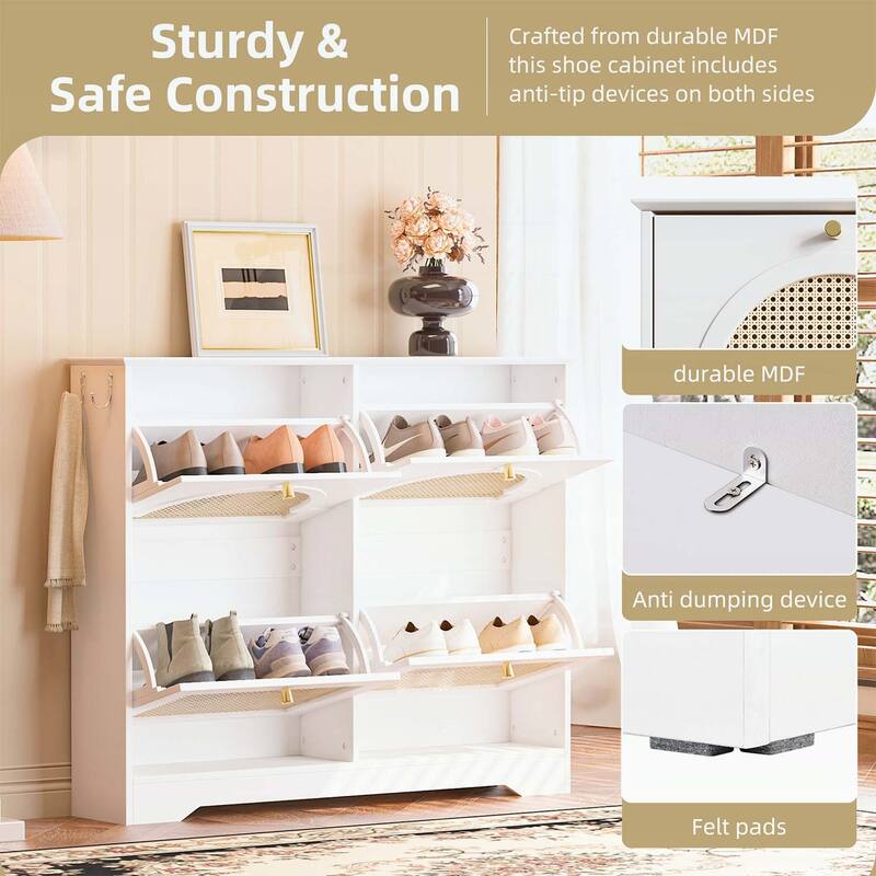 Exquisite and Elegant Tipping Bucket Shoe Cabinet with 4 Flip Drawers,Doors and 2 Hooks