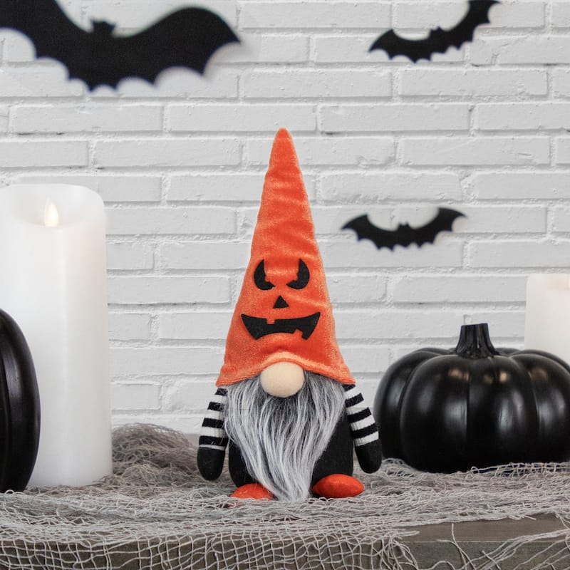 9.75" Black and Orange Halloween Gnome with Jack-O-Lantern Hat