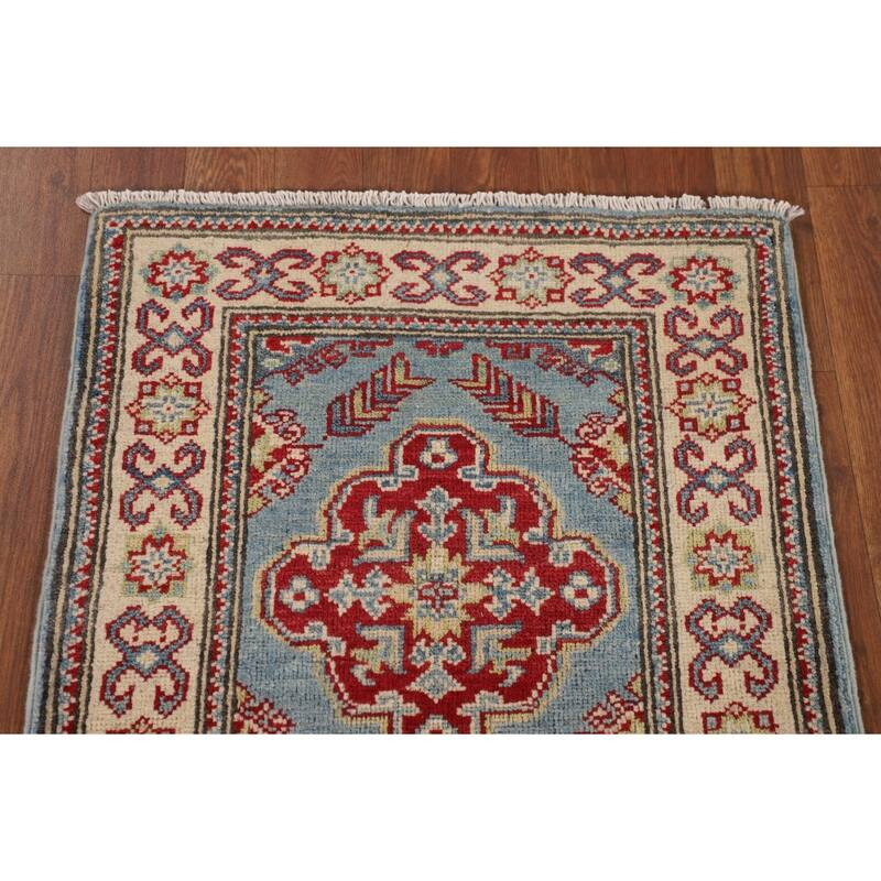Light Blue Kazak Oriental Runner Rug Hallway Hand-Knotted Wool Carpet - 2'1" x 5'9"