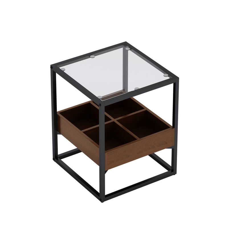 Glass Coffee Table with storage shelf and metal table legs