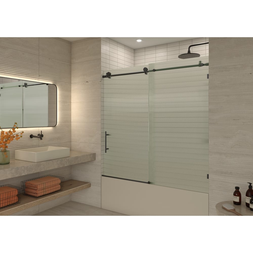 Galaxy 60 in. x 60 in. Fully Frameless Fluted Glass Sliding Bathtub Doors - Lefthand