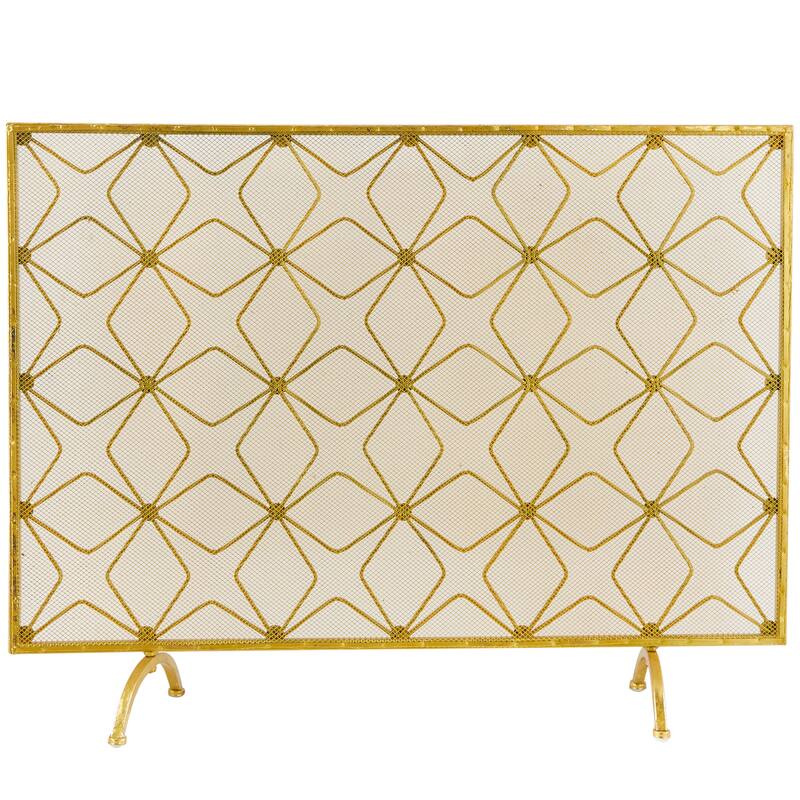 Gold Metal Star Patterned Single Panel Geometric Fireplace Screen with Mesh Netting