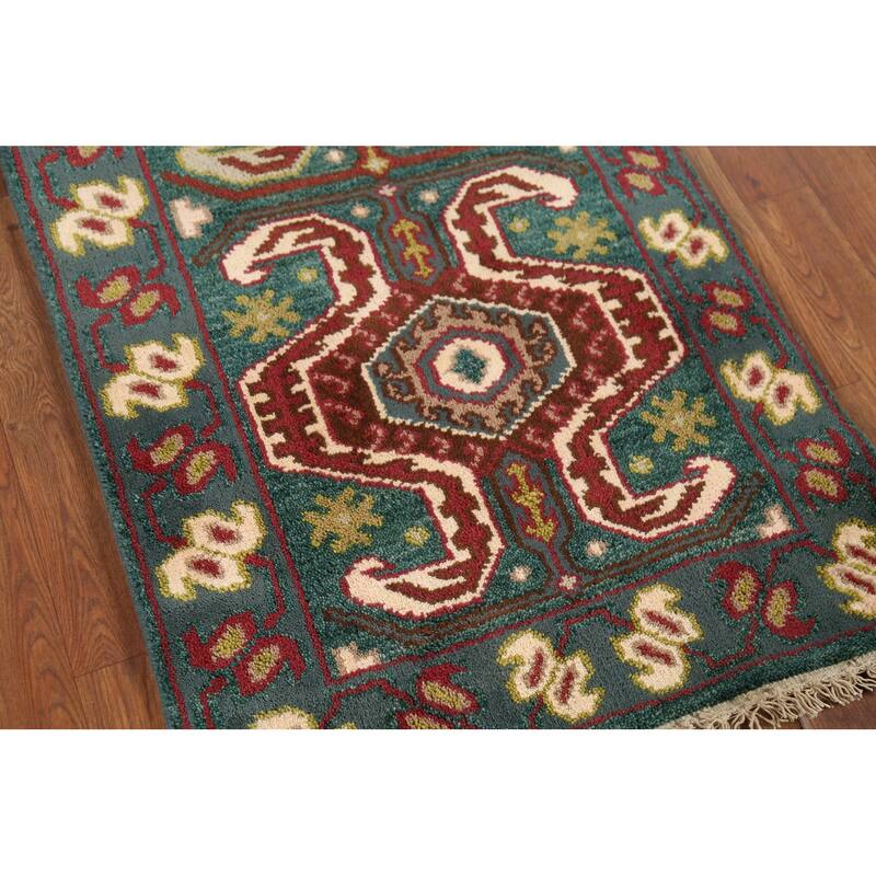 Green Geometric Kazak Indian Runner Rug Handmade Wool Carpet - 2'5"x 9'10"