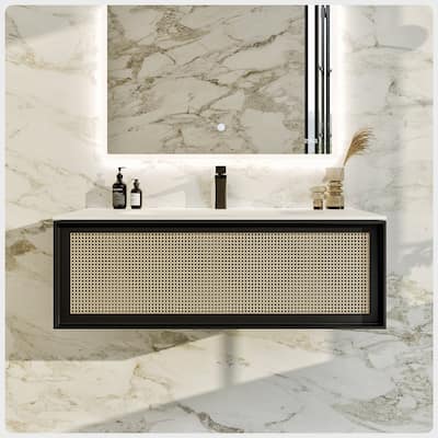 Nets 32"W Natural Oak/Black SS Bath Vanity with Solid Surface Top