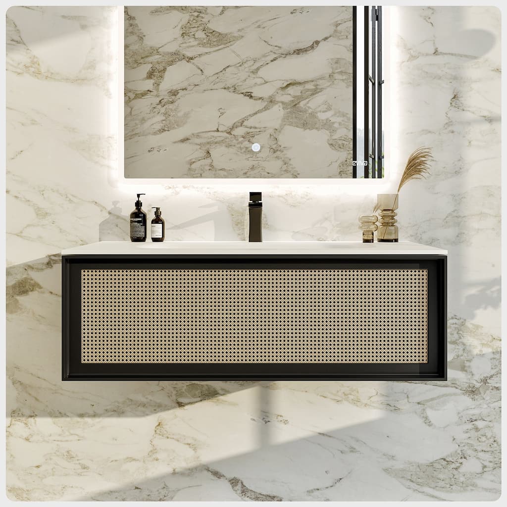 Nets 32"W Natural Oak/Black SS Bath Vanity with Solid Surface Top