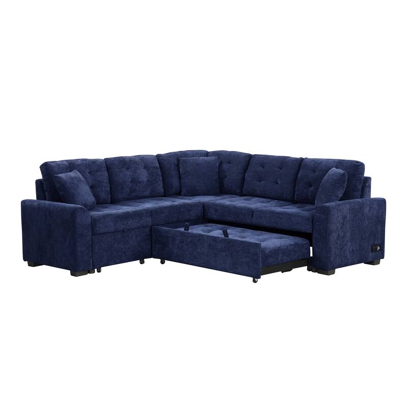 L-Shape Sofa Bed with Pull-Out Sleeper, USB Ports