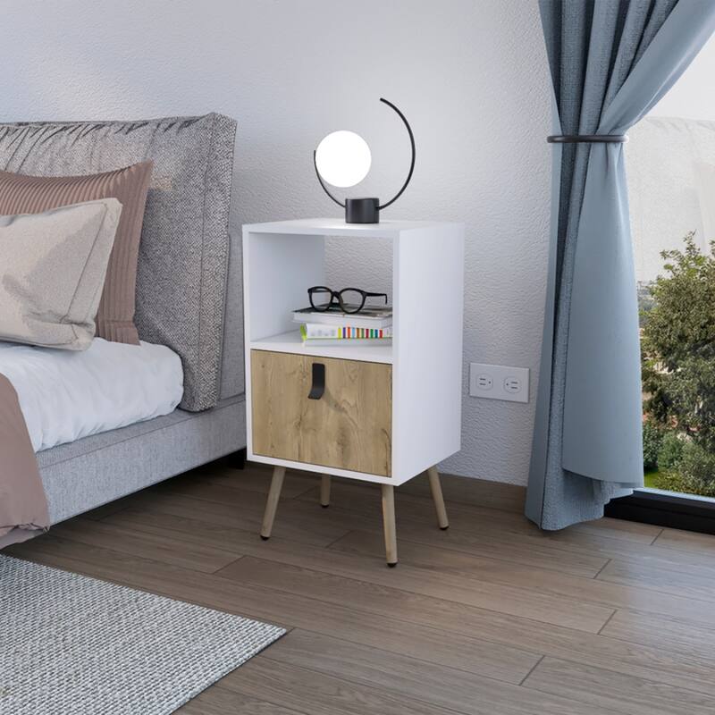 22" White and Beige Wood Nightstand with Drawer and Shelf Modern Accent Table for Bedroom or Hallway