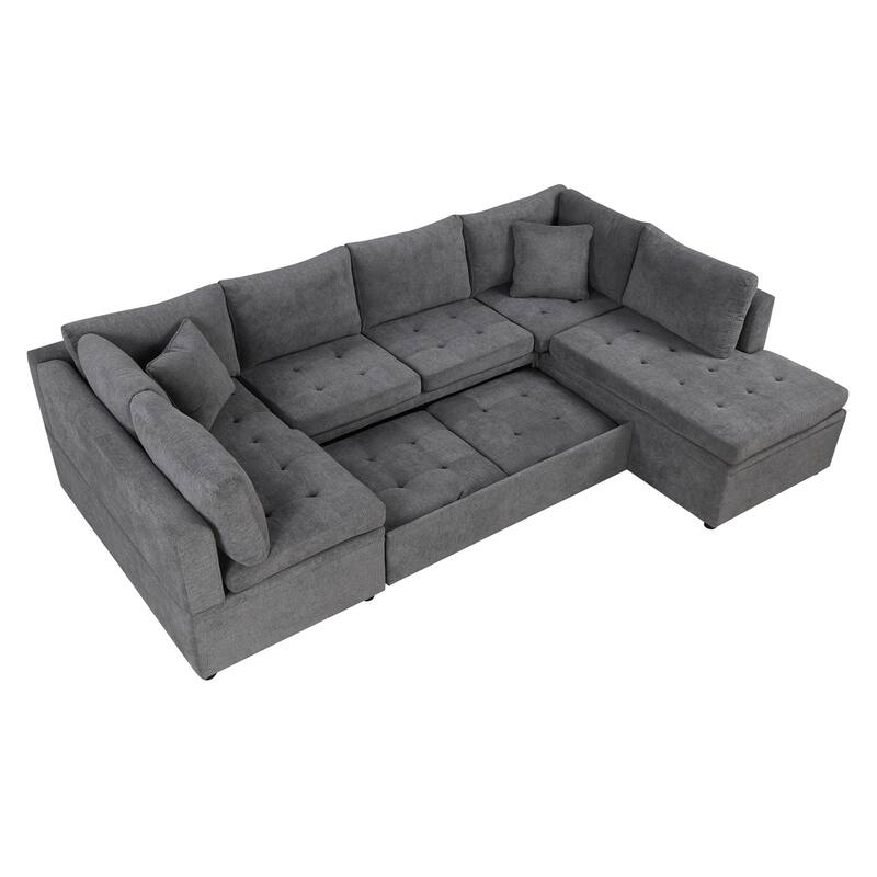 Grey 117" U-Shaped Oversized 6-Seater Sectional Sofa with Chaise, Pull-Out Bed, and 2 Detachable Throw Cushions for Comfort