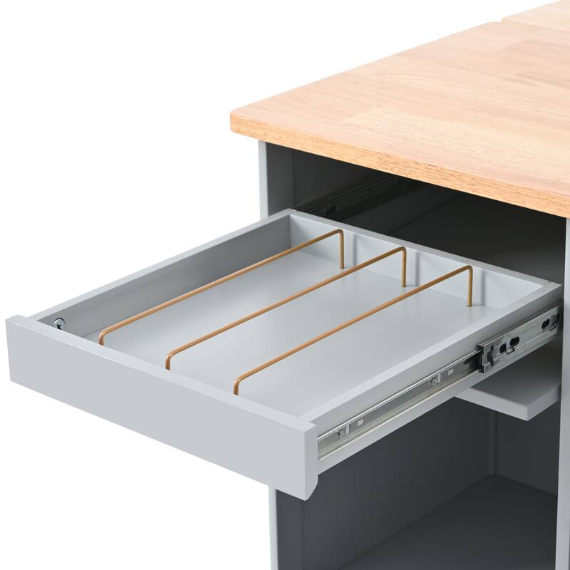 Fluted Glass Doors Kitchen Island with Drop Leaf and LED, Convertible Kitchen Cart on Wheels with Flip Cabinet Door, Grey Blue