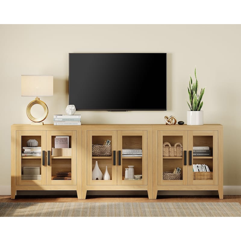 WAMPAT Modern Farmhouse TV Stand, Entertainment Center with Tempered Glass Doors & Adjustable Shelves