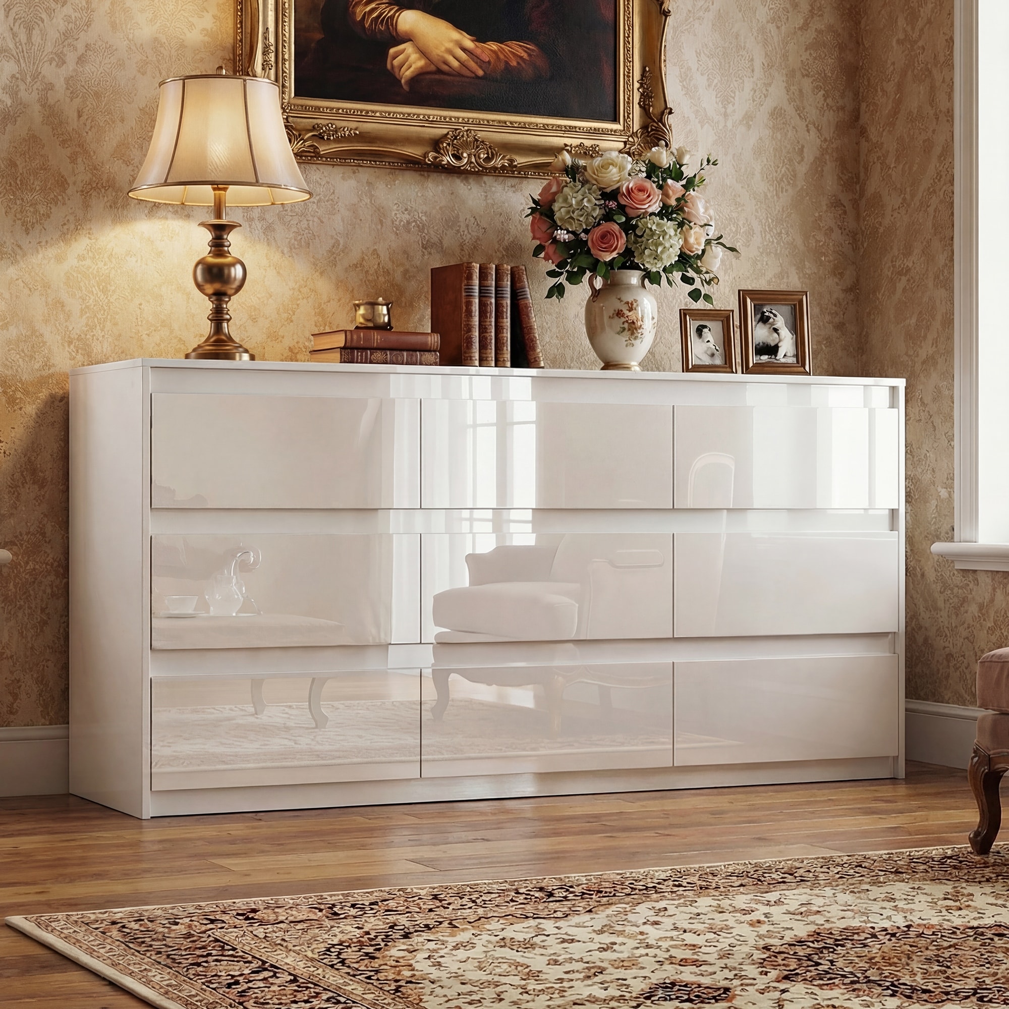 63 White High Gloss Dresser with 9 Drawers, Modern Bedroom Storage Cabinet  with PET Finish, Long Double Dresser
