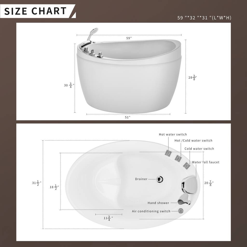 59 in. x 31.5 in. Freestanding Oval Japanese Soaking Hydrotherapy Bathtub Air Bubbles Jets Bath with Right Drain in White - N/A