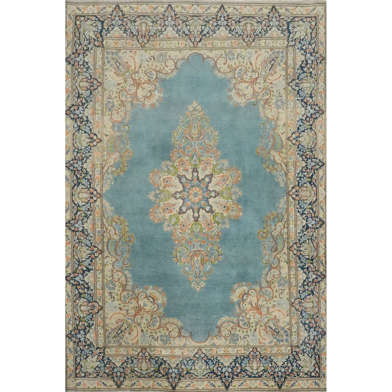 Hand Knotted Oriental 100% Wool Carpet Traditional Floral Navy Blue & Blues Kerman Area Rug - 10' 1'' X 7' 5''