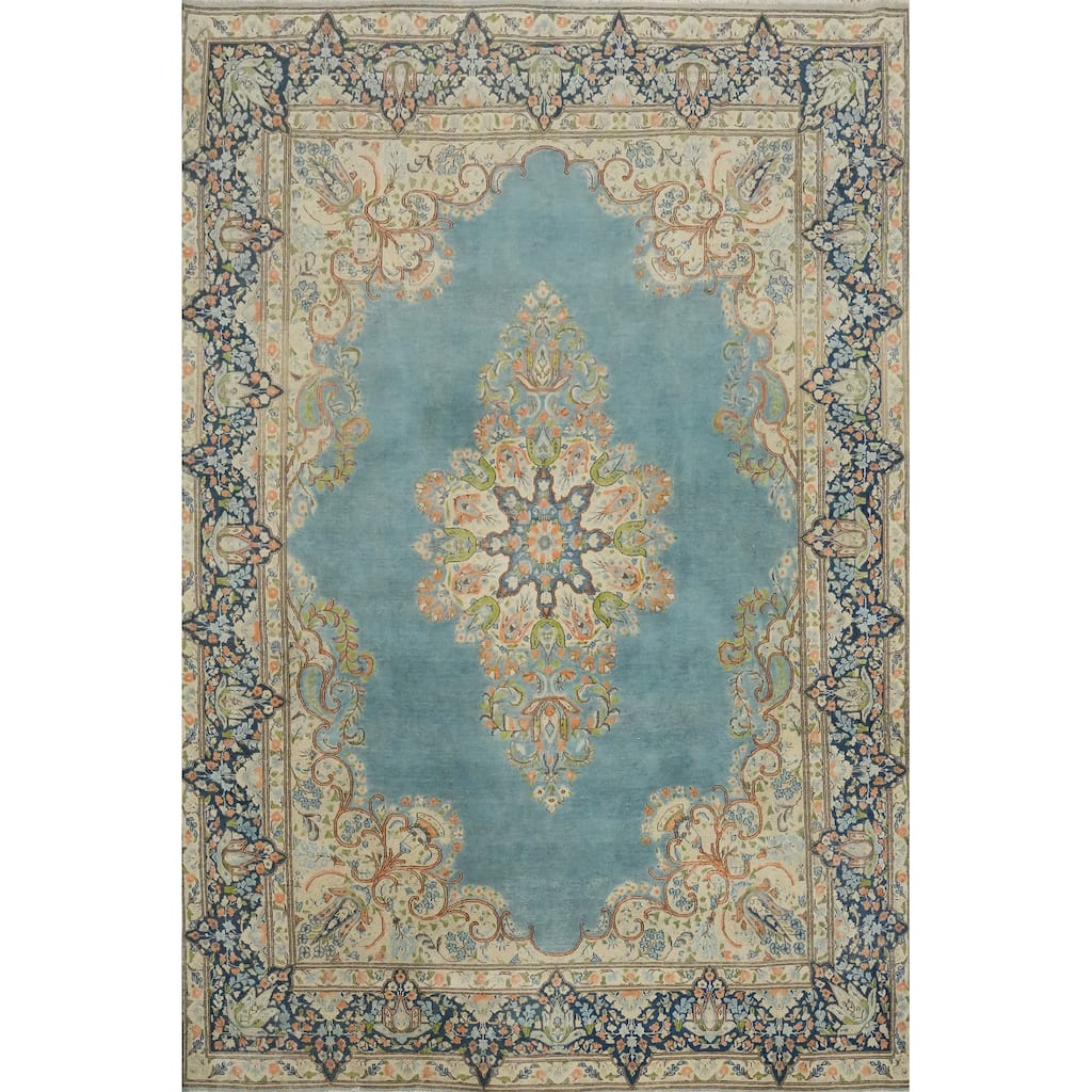 Hand Knotted Oriental 100% Wool Carpet Traditional Floral Navy Blue & Blues Kerman Area Rug - 10' 1'' X 7' 5''