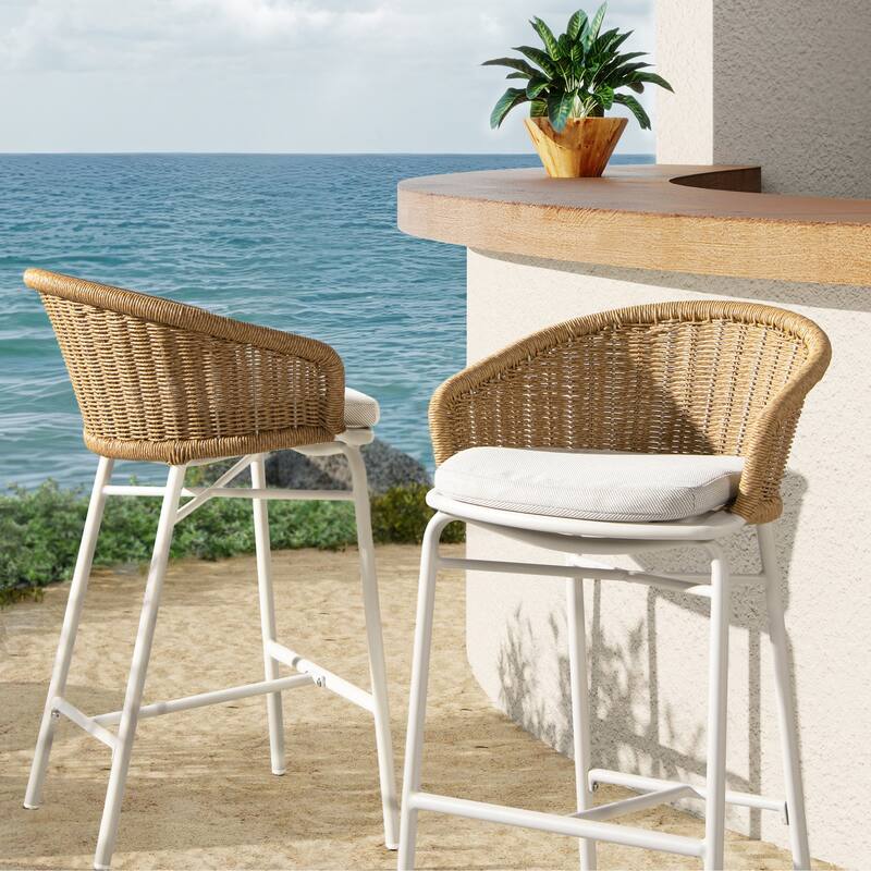 Santorini 28" Wicker Outdoor Patio Bar Stool (Set of 2) with Arms - 21.5"W X 21.5"D X 36"H