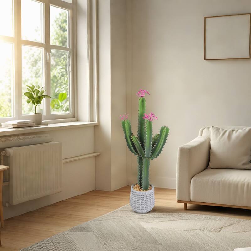 36 Inch Artificial Cactus Plant, Faux Flowering Cacti Plant in Pot, Fake Cacti Saguaro for Home Garden Office Indoor - green