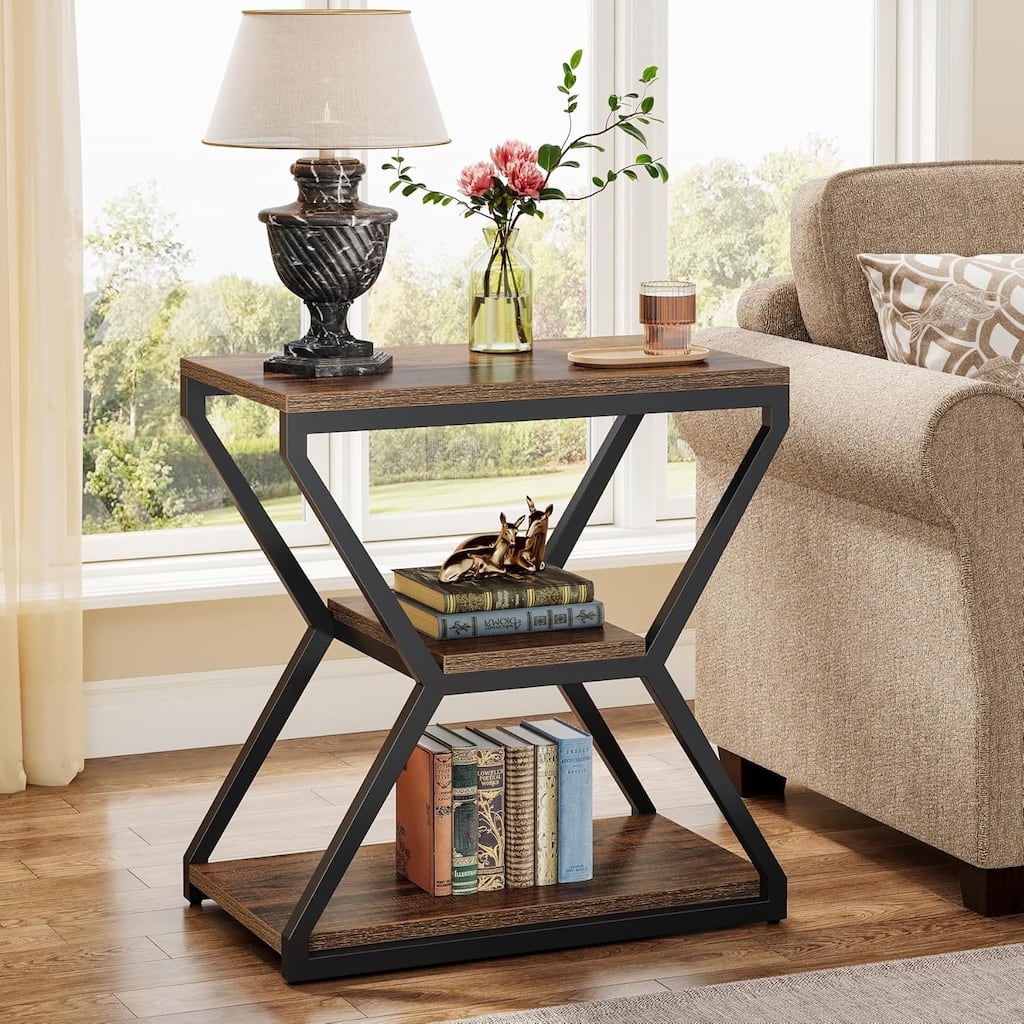 Small 3 Tiers Sofa Table, Industrial End Side Table with Storage Shelves