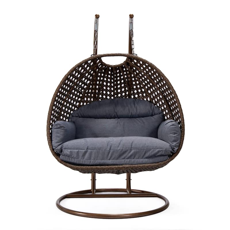 LeisureMod Mendoza Dark Brown 2 Seater Wicker Patio Hanging Double Swing Chair for Patio Porch Backyard Garden - 53"